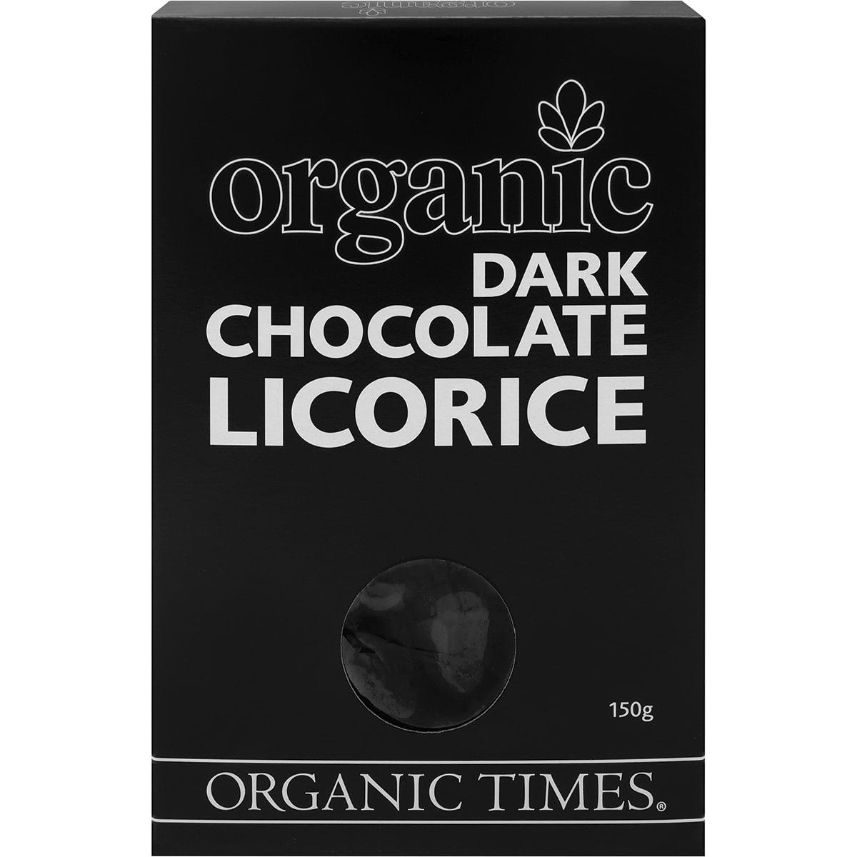 150g box of Organic Times Dark Chocolate Licorice, featuring organic licorice pieces coated in dark chocolate.