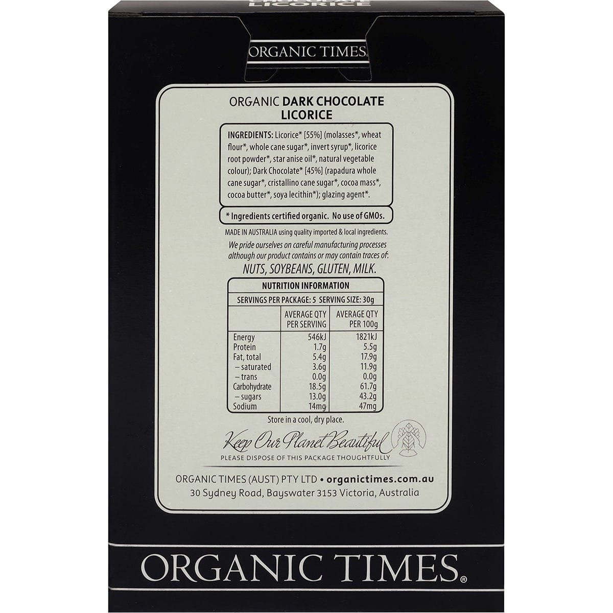 Back of 150g Organic Times Dark Chocolate Licorice box showing nutritional information and organic certification.