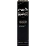 Side view of Organic Times Dark Chocolate Licorice 150g box highlighting organic and fair-trade features.