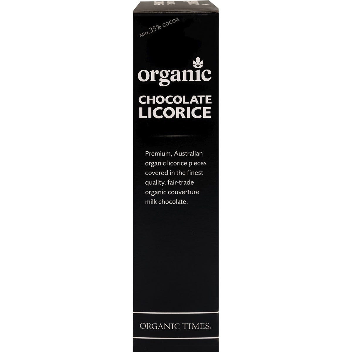 Side view of Organic Times Dark Chocolate Licorice 150g box highlighting organic and fair-trade features.