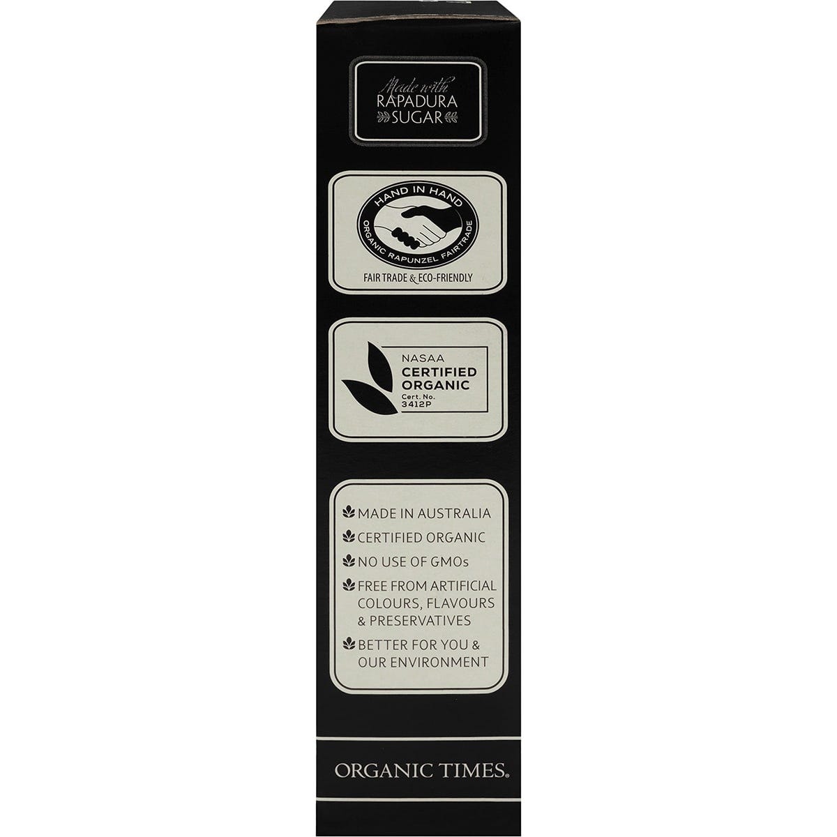 Right side of Organic Times Dark Chocolate Licorice 150g box with product benefits and Australian-made logo.