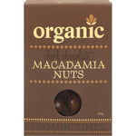 Organic Times 150g box of Dark Chocolate Macadamia Nuts featuring a whole macadamia nut and chocolate pieces.