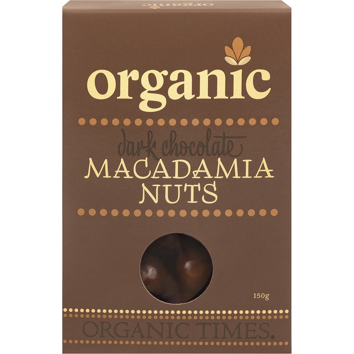 Organic Times 150g box of Dark Chocolate Macadamia Nuts featuring a whole macadamia nut and chocolate pieces.