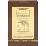 Back of Organic Times Dark Chocolate Macadamia Nuts 150g box with ingredients and nutritional information.