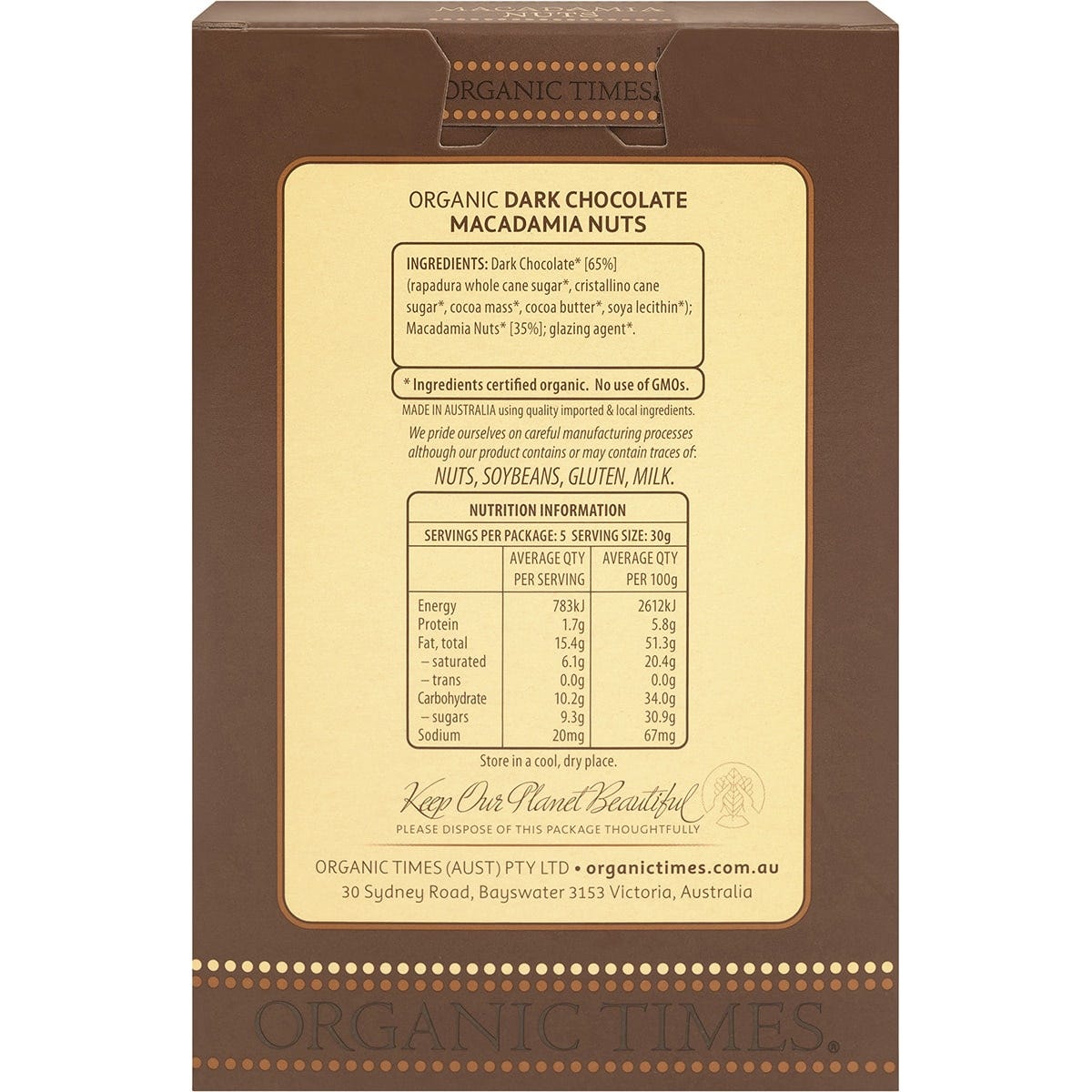 Back of Organic Times Dark Chocolate Macadamia Nuts 150g box with ingredients and nutritional information.