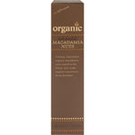 Side view of Organic Times Dark Chocolate Macadamia Nuts 150g box highlighting organic and fair-trade certifications.