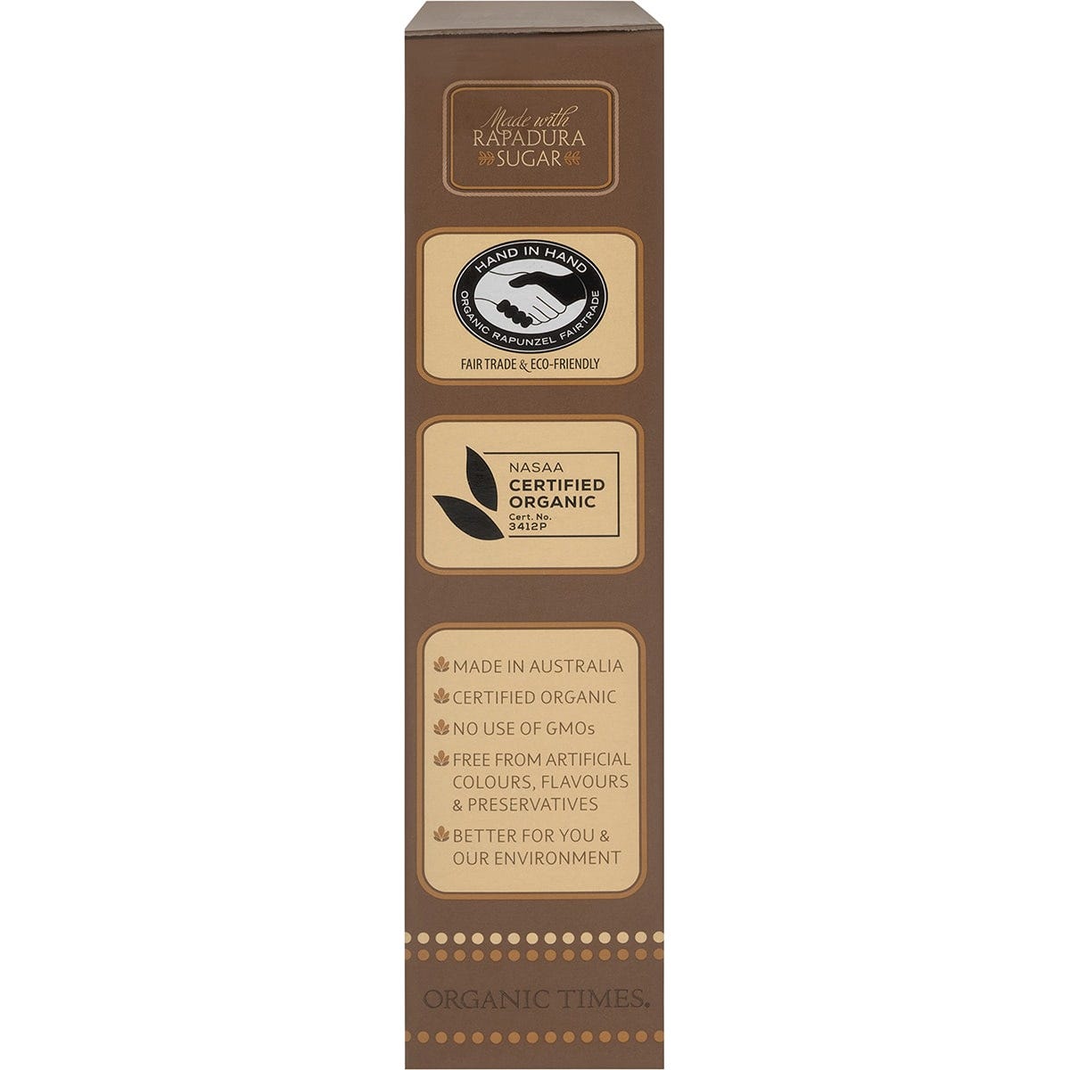 Right side of Organic Times Dark Chocolate Macadamia Nuts 150g box showing product benefits and a "Certified Organic" logo.