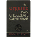 150g bag of Organic Times Dark Chocolate Coffee Beans featuring organic, fair-trade oven-roasted Sumatran beans.