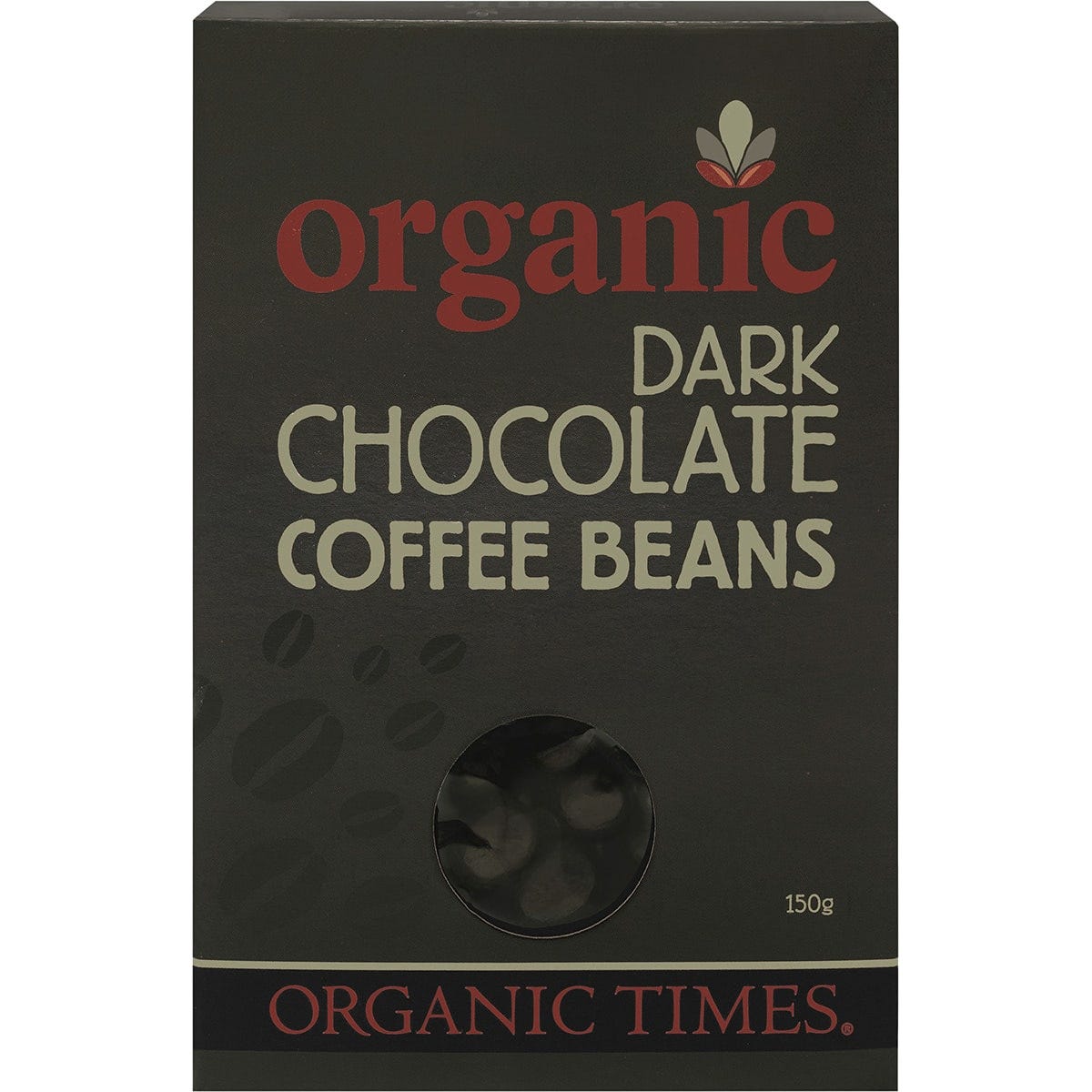 150g bag of Organic Times Dark Chocolate Coffee Beans featuring organic, fair-trade oven-roasted Sumatran beans.