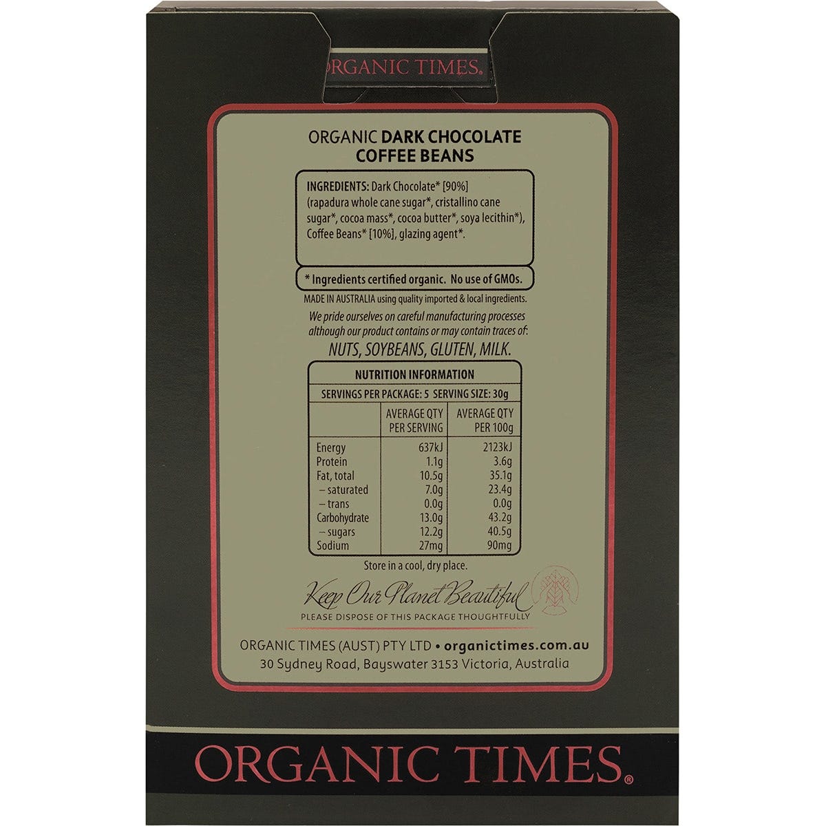 Back of Organic Times Dark Chocolate Coffee Beans 150g bag showing organic certification and nutritional information.