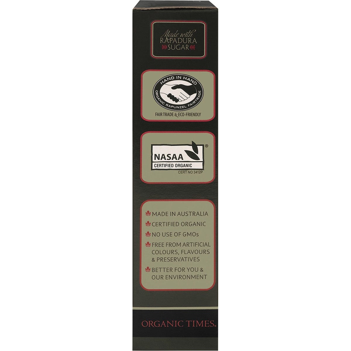 Right side of Organic Times Dark Chocolate Coffee Beans 150g bag showing product features and brand information.