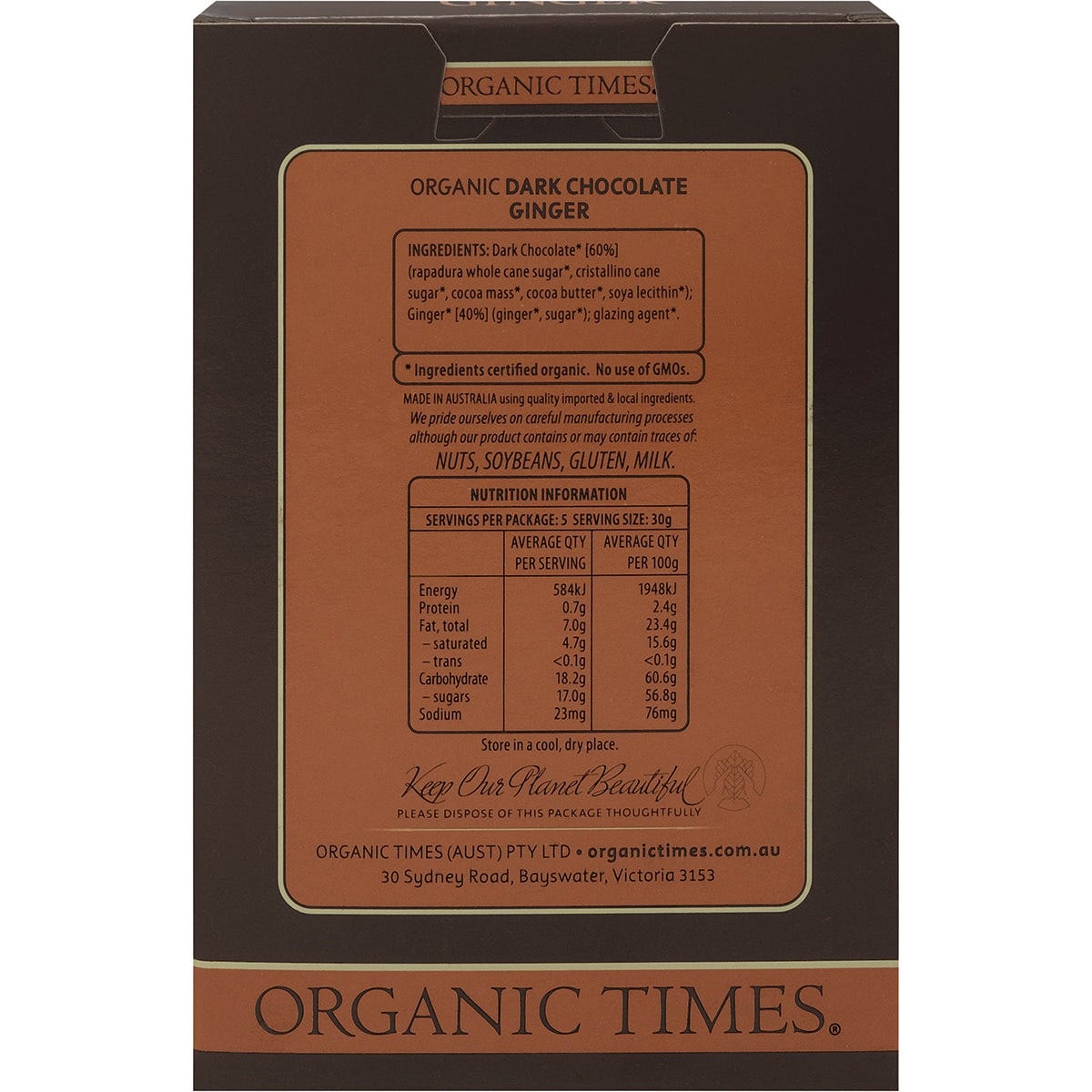 Back of Organic Times 150g Dark Chocolate Ginger bag showing ingredients and nutritional information.