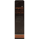 Side view of an Organic Times 150g Dark Chocolate Ginger bag showing product features and information.