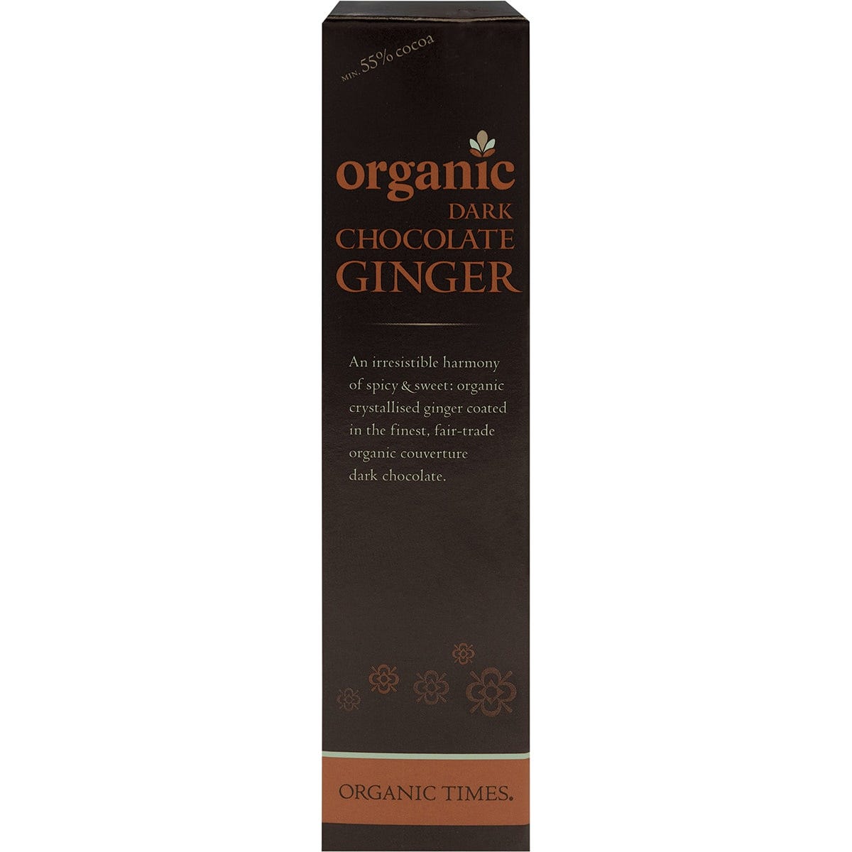 Side view of an Organic Times 150g Dark Chocolate Ginger bag showing product features and information.