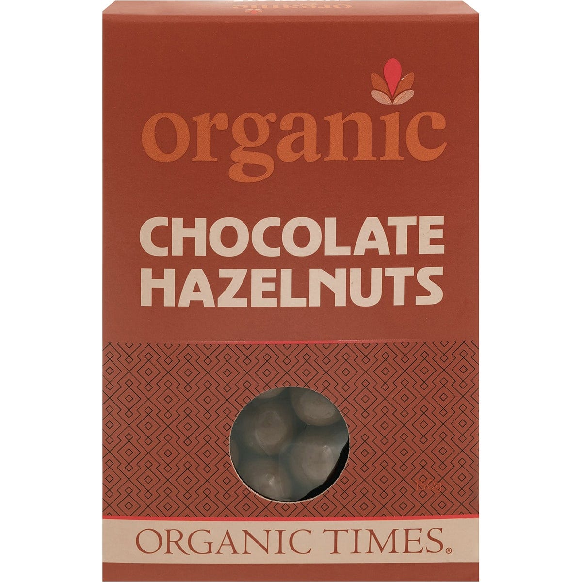 Organic Times 150g box of milk chocolate hazelnuts on a white background with product branding and organic logos.
