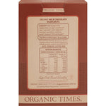 Back view of Organic Times Milk Chocolate Hazelnuts 150g box showing nutritional information and ingredients.