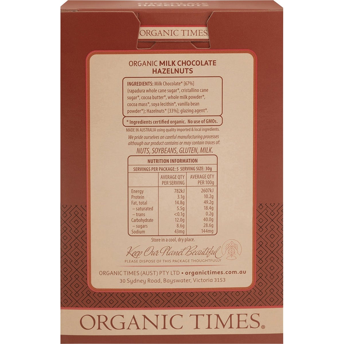 Back view of Organic Times Milk Chocolate Hazelnuts 150g box showing nutritional information and ingredients.