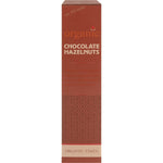 Side view of an Organic Times Milk Chocolate Hazelnuts 150g box showing product features and certification logos.