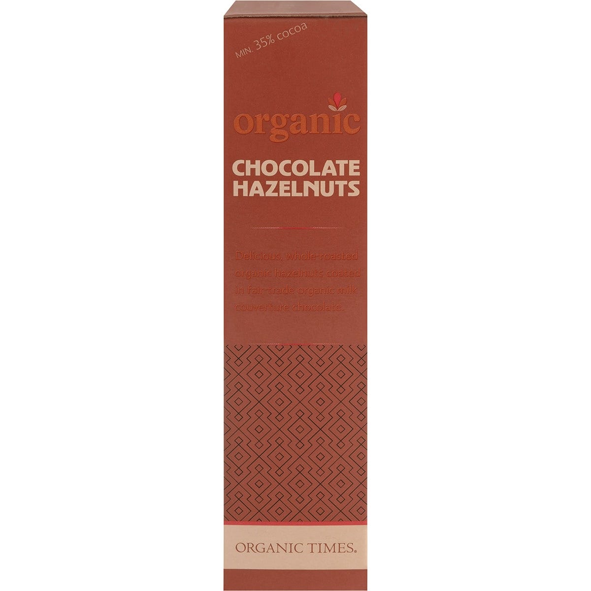 Side view of an Organic Times Milk Chocolate Hazelnuts 150g box showing product features and certification logos.