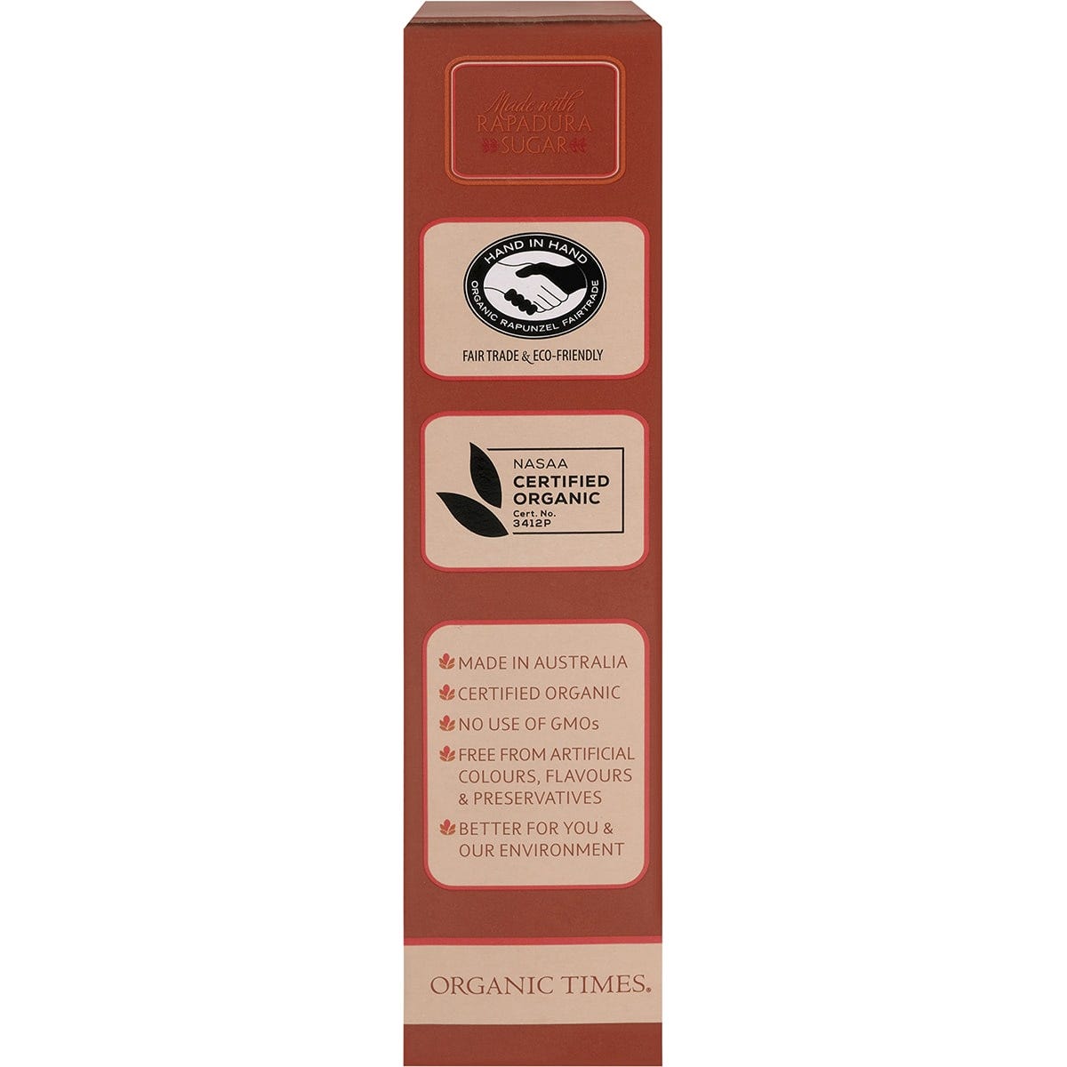 Right side of an Organic Times Milk Chocolate Hazelnuts 150g box showing the product barcode and brand information.