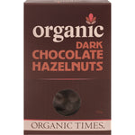 Organic Times Dark Chocolate Hazelnuts 150g box featuring whole-roasted organic nuts in fair-trade dark chocolate.