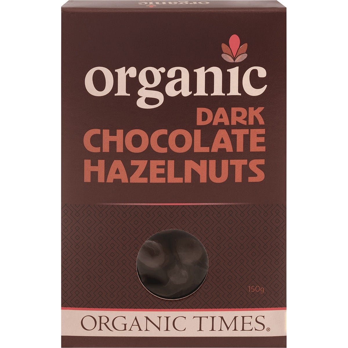 Organic Times Dark Chocolate Hazelnuts 150g box featuring whole-roasted organic nuts in fair-trade dark chocolate.