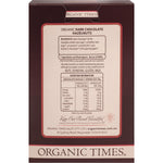 Back of Organic Times Dark Chocolate Hazelnuts 150g box showing nutrition facts and organic certification.