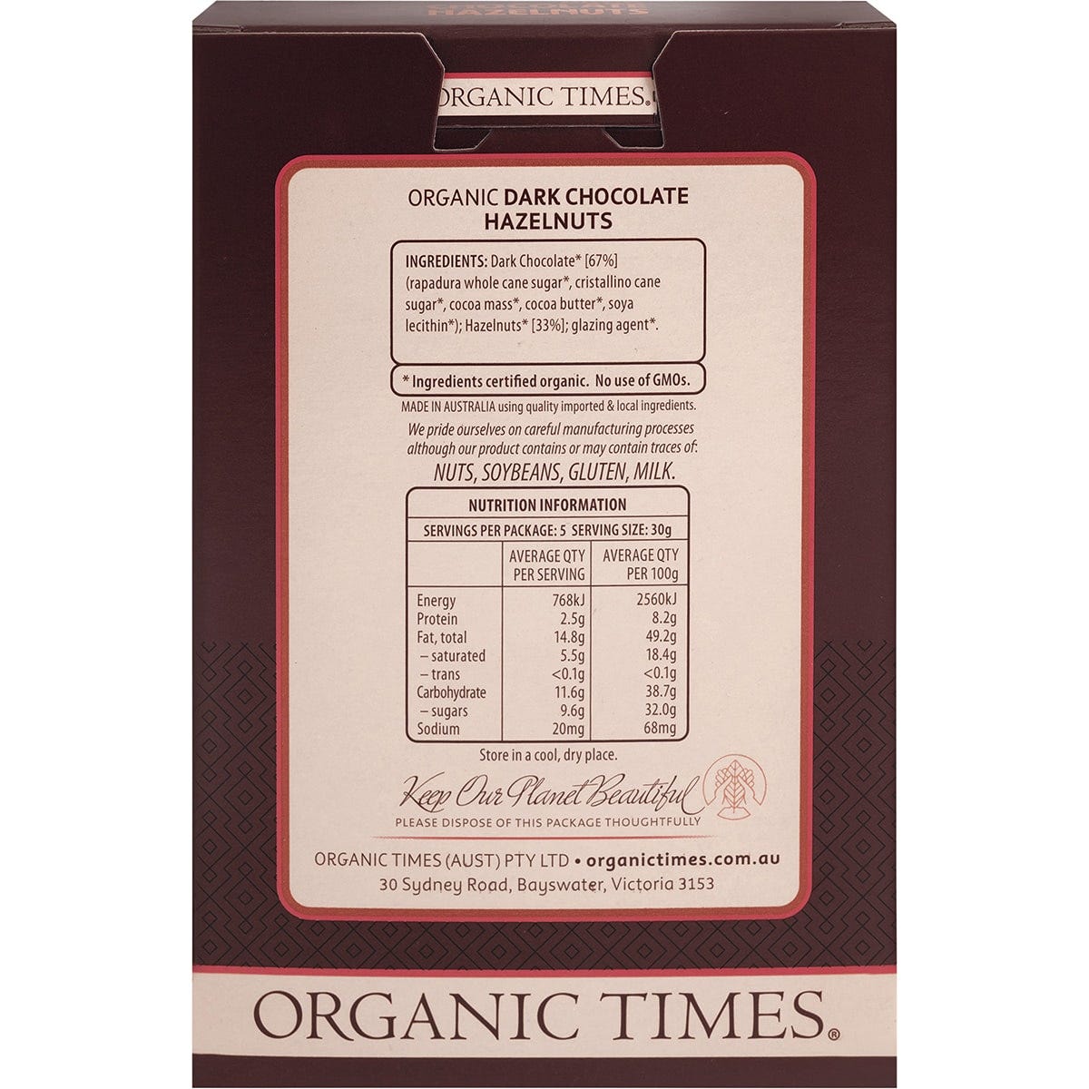 Back of Organic Times Dark Chocolate Hazelnuts 150g box showing nutrition facts and organic certification.