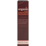 Side view of Organic Times Dark Chocolate Hazelnuts 150g box highlighting organic and fair-trade features.