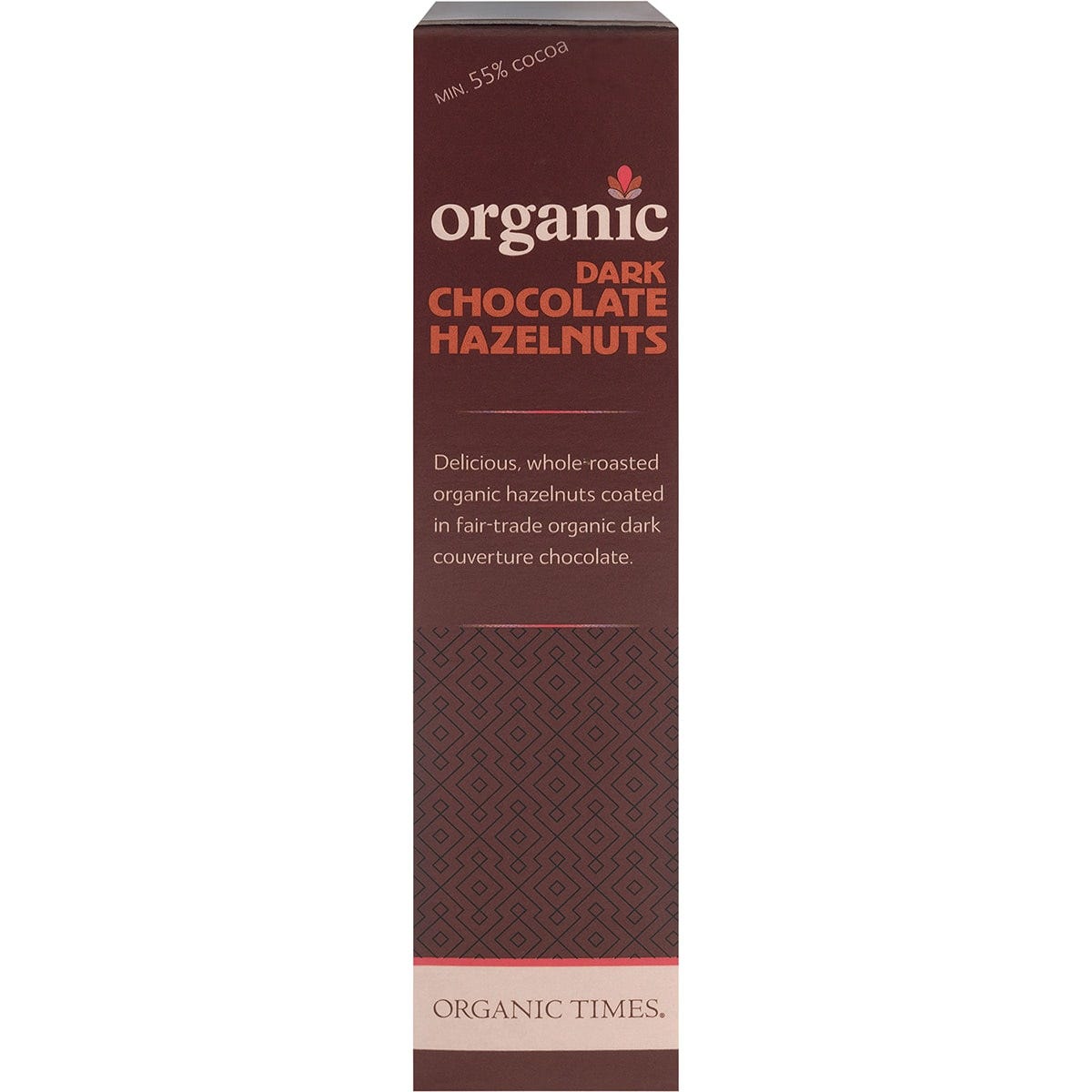 Side view of Organic Times Dark Chocolate Hazelnuts 150g box highlighting organic and fair-trade features.