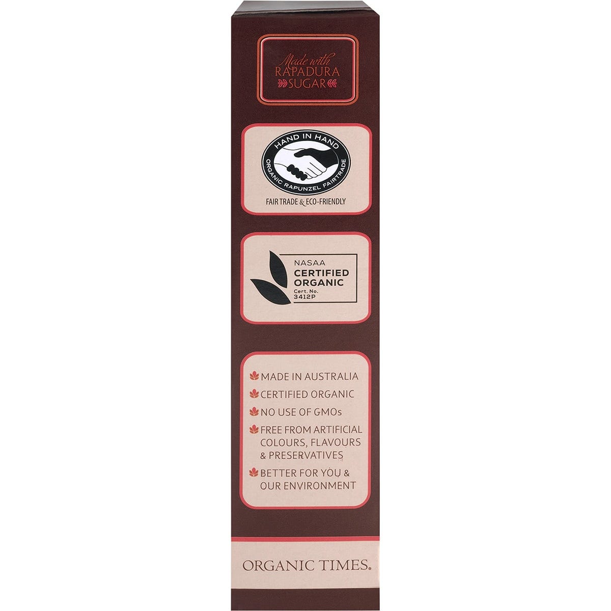 Right side of Organic Times Dark Chocolate Hazelnuts box showing product features and a barcode.