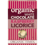 Organic Times 150g bag of white chocolate raspberry licorice featuring real raspberry powder and organic ingredients.
