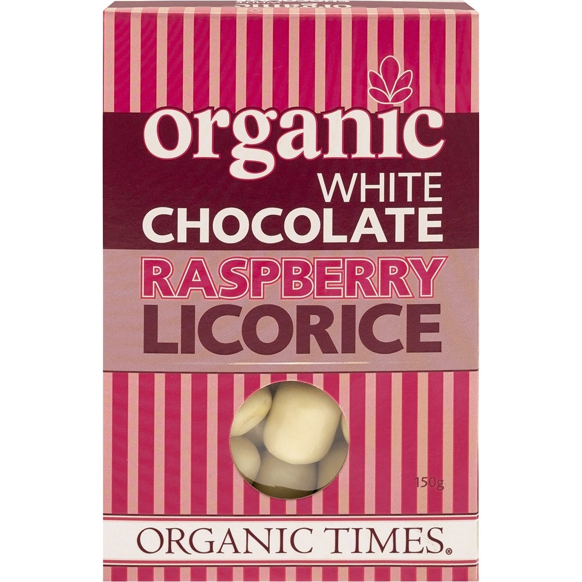 Organic Times 150g bag of white chocolate raspberry licorice featuring real raspberry powder and organic ingredients.
