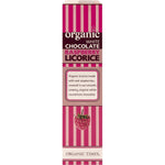 Left side of an Organic Times 150g White Chocolate Raspberry Licorice bag showing certifications and organic brand details.