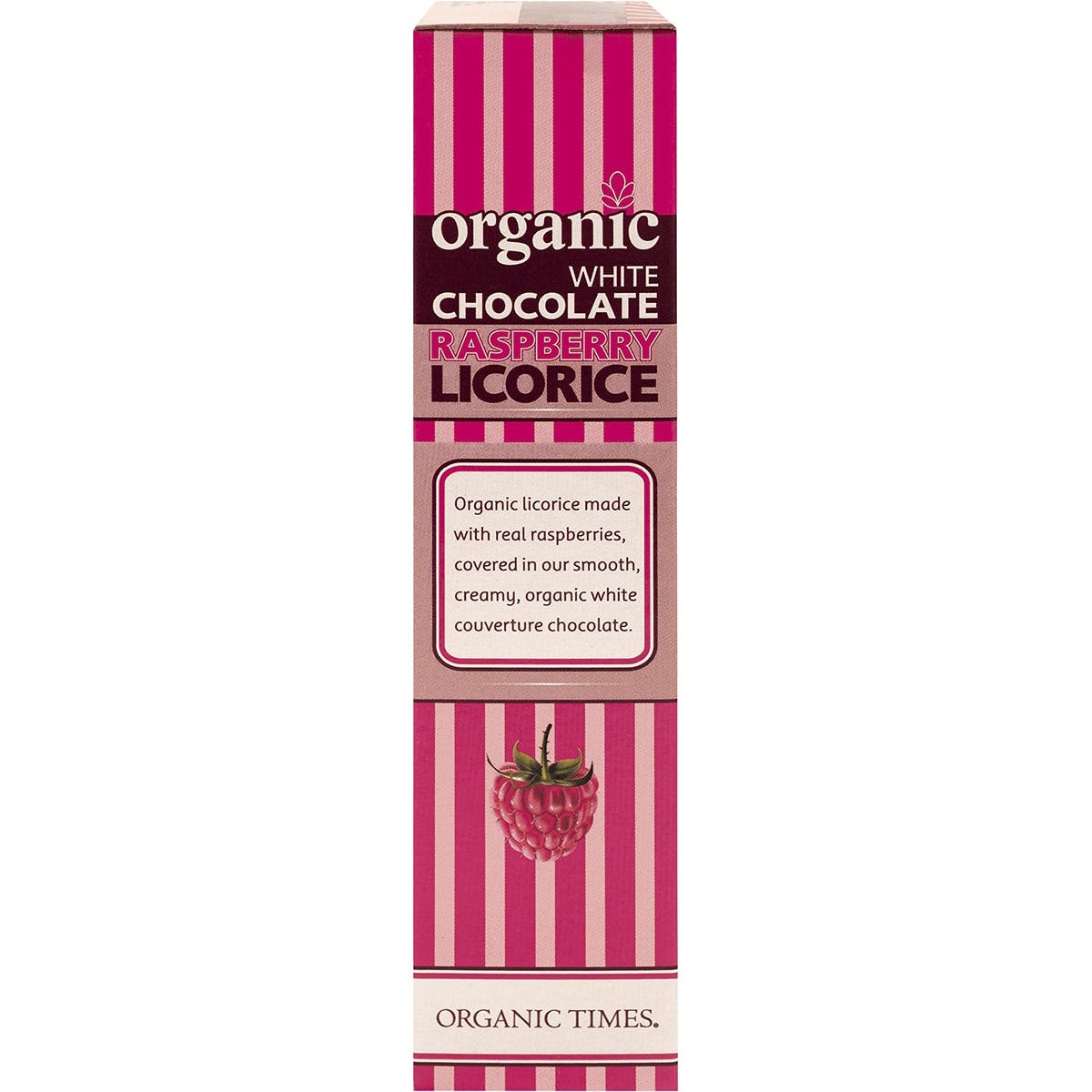 Left side of an Organic Times 150g White Chocolate Raspberry Licorice bag showing certifications and organic brand details.