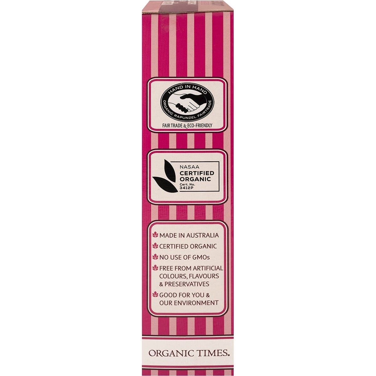 Right side of Organic Times White Chocolate Raspberry Licorice 150g bag showing barcodes and Australian-made logo.