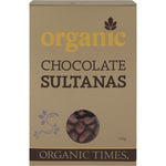 150g bag of Organic Times Milk Chocolate Sultanas, featuring organic, fair-trade couverture chocolate and Australian fruit.