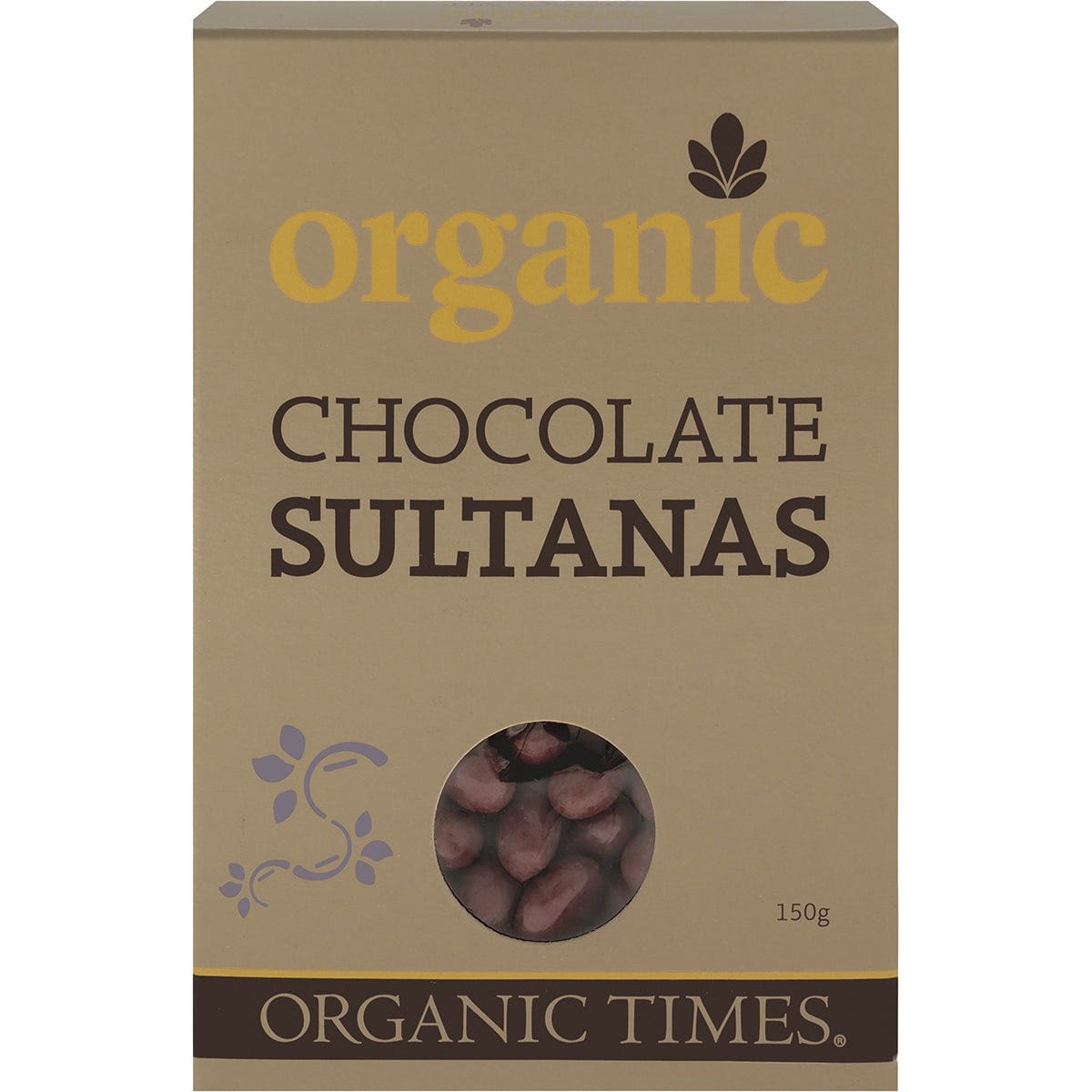 150g bag of Organic Times Milk Chocolate Sultanas, featuring organic, fair-trade couverture chocolate and Australian fruit.