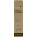 Left side of Organic Times Milk Chocolate Sultanas 150g bag showing product certifications and features.