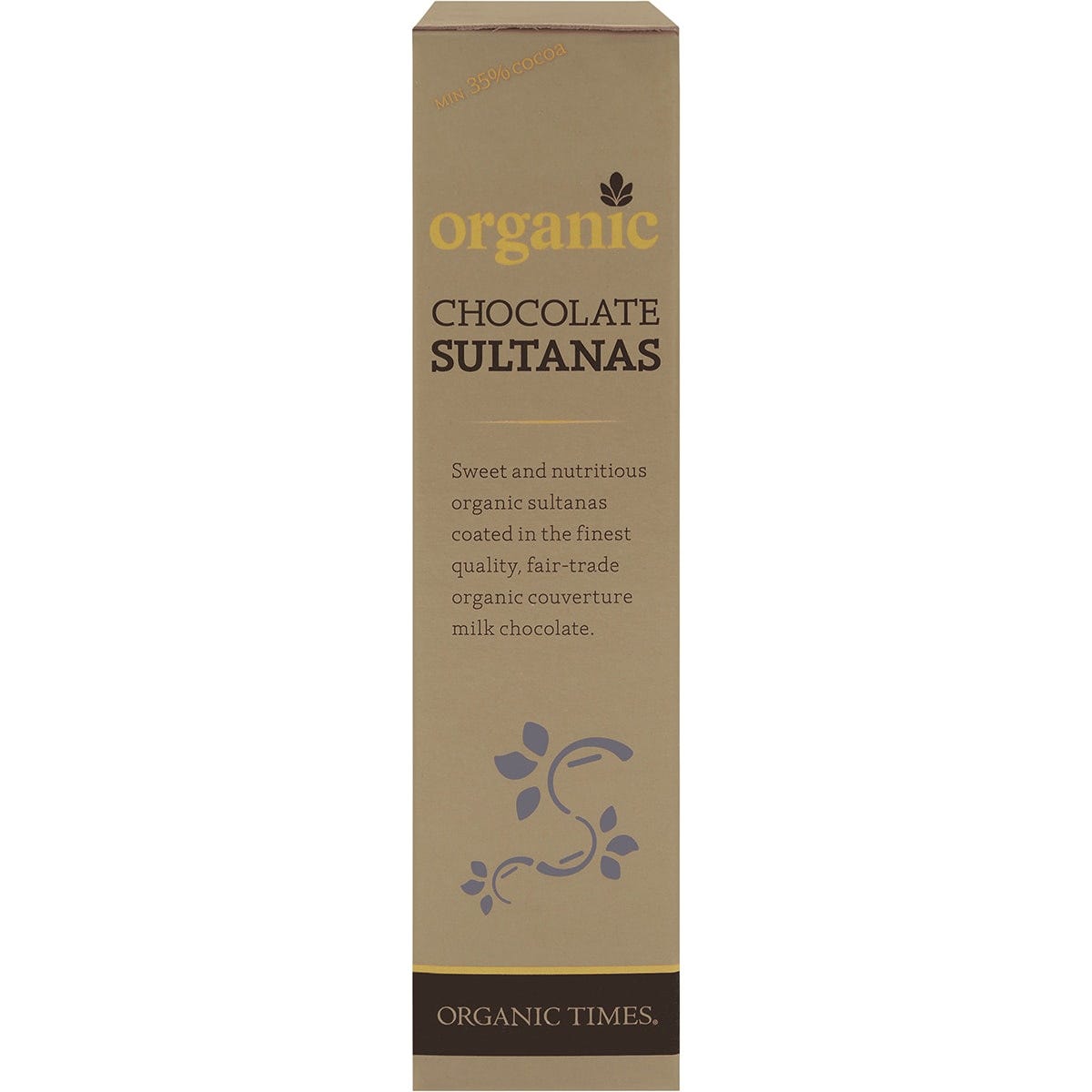 Left side of Organic Times Milk Chocolate Sultanas 150g bag showing product certifications and features.