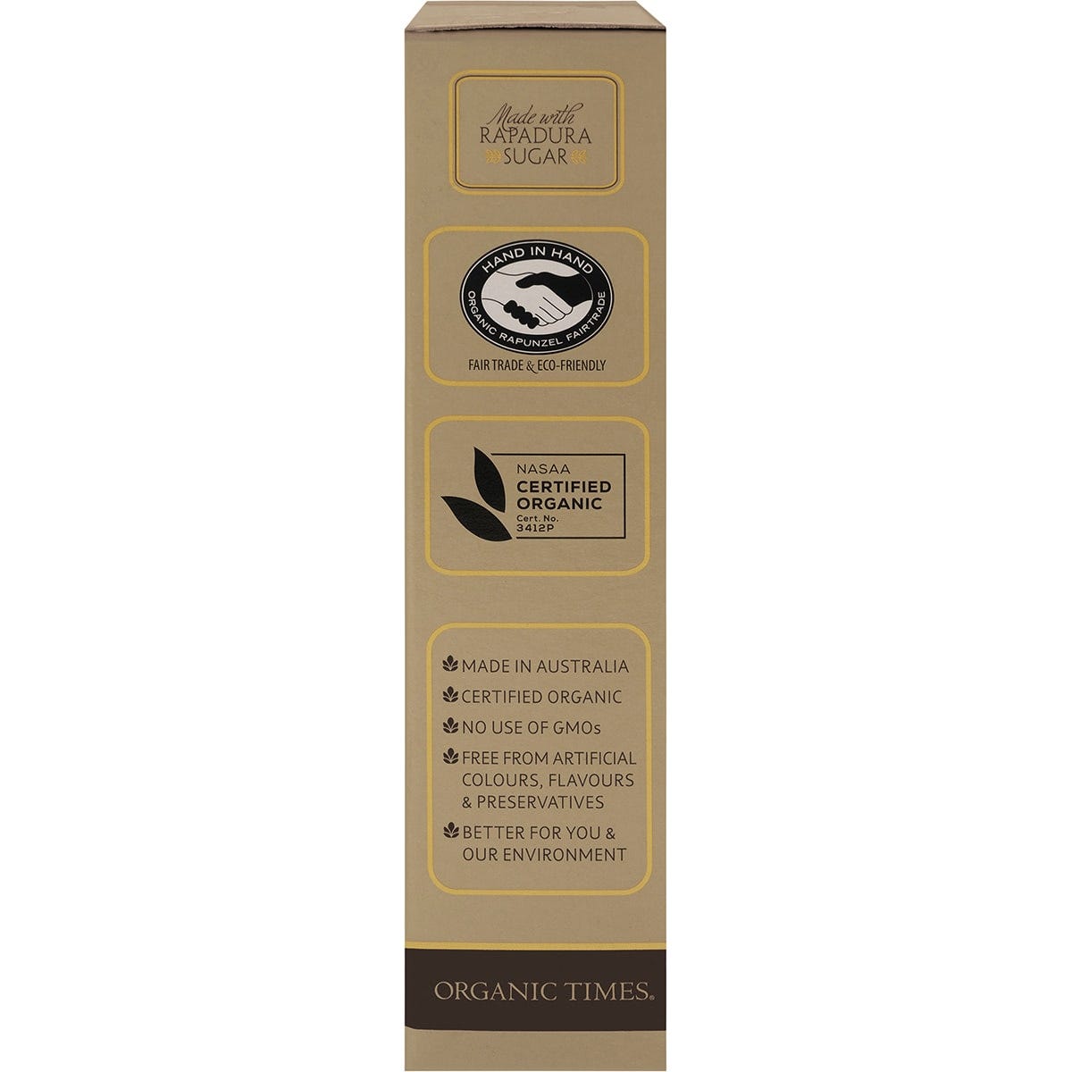 Right side of Organic Times Milk Chocolate Sultanas 150g bag with a barcode and organic certification logo.
