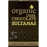 150g bag of Organic Times Dark Chocolate Sultanas featuring organic, fair-trade couverture chocolate on a white background.