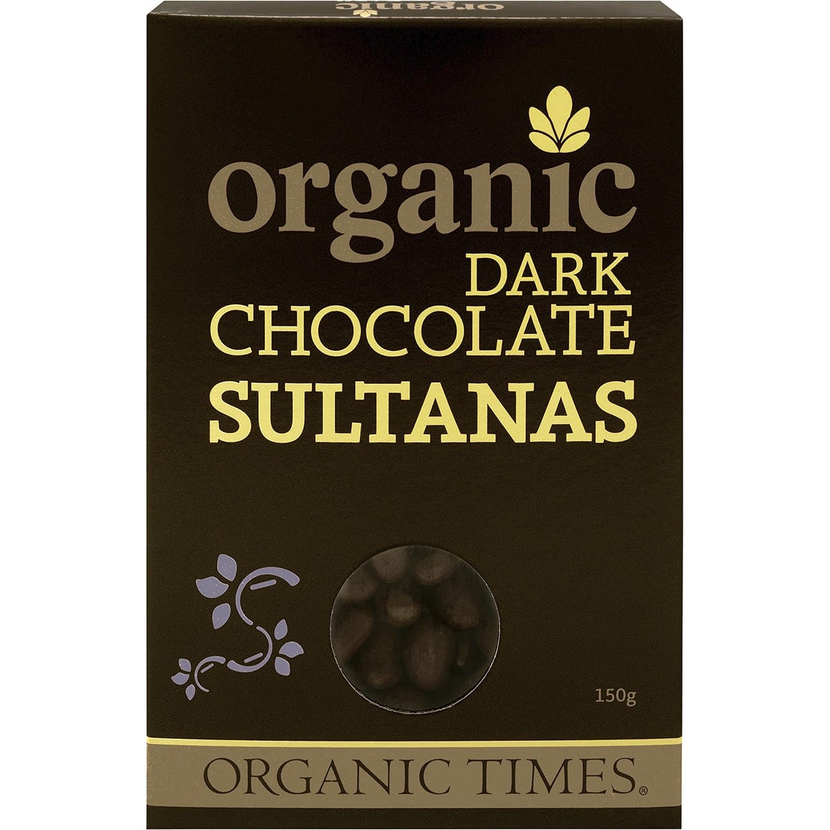 150g bag of Organic Times Dark Chocolate Sultanas featuring organic, fair-trade couverture chocolate on a white background.