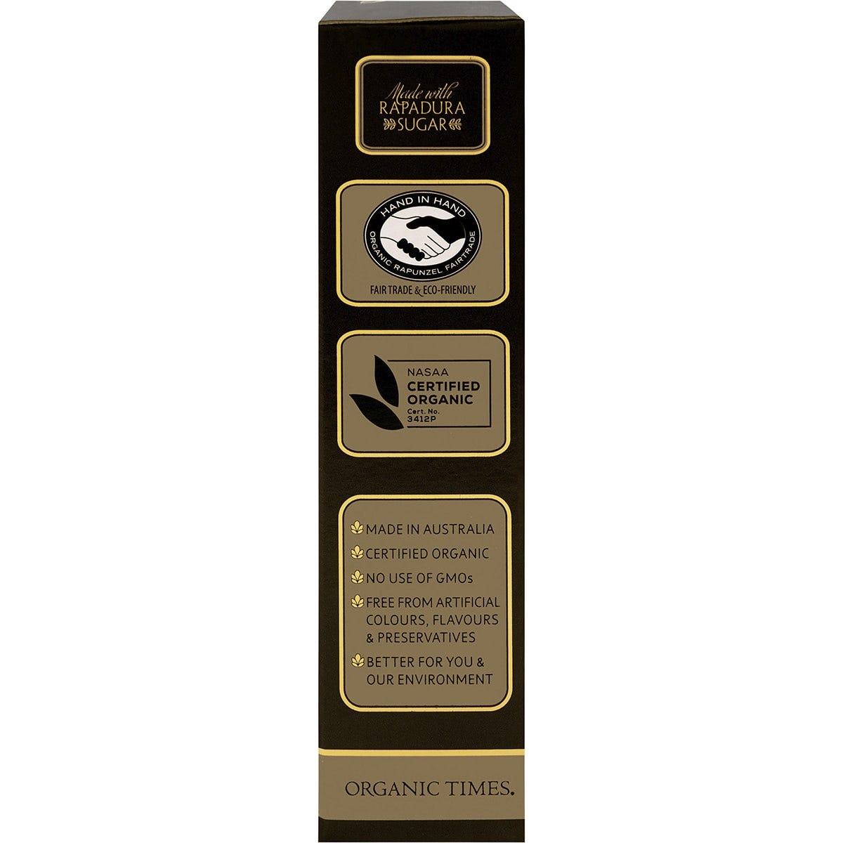 Right side of Organic Times Dark Chocolate Sultanas 150g bag showing company values and organic certification.