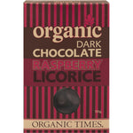 150g bag of Organic Times Dark Chocolate Raspberry Licorice with organic and fair-trade logos on a white background.