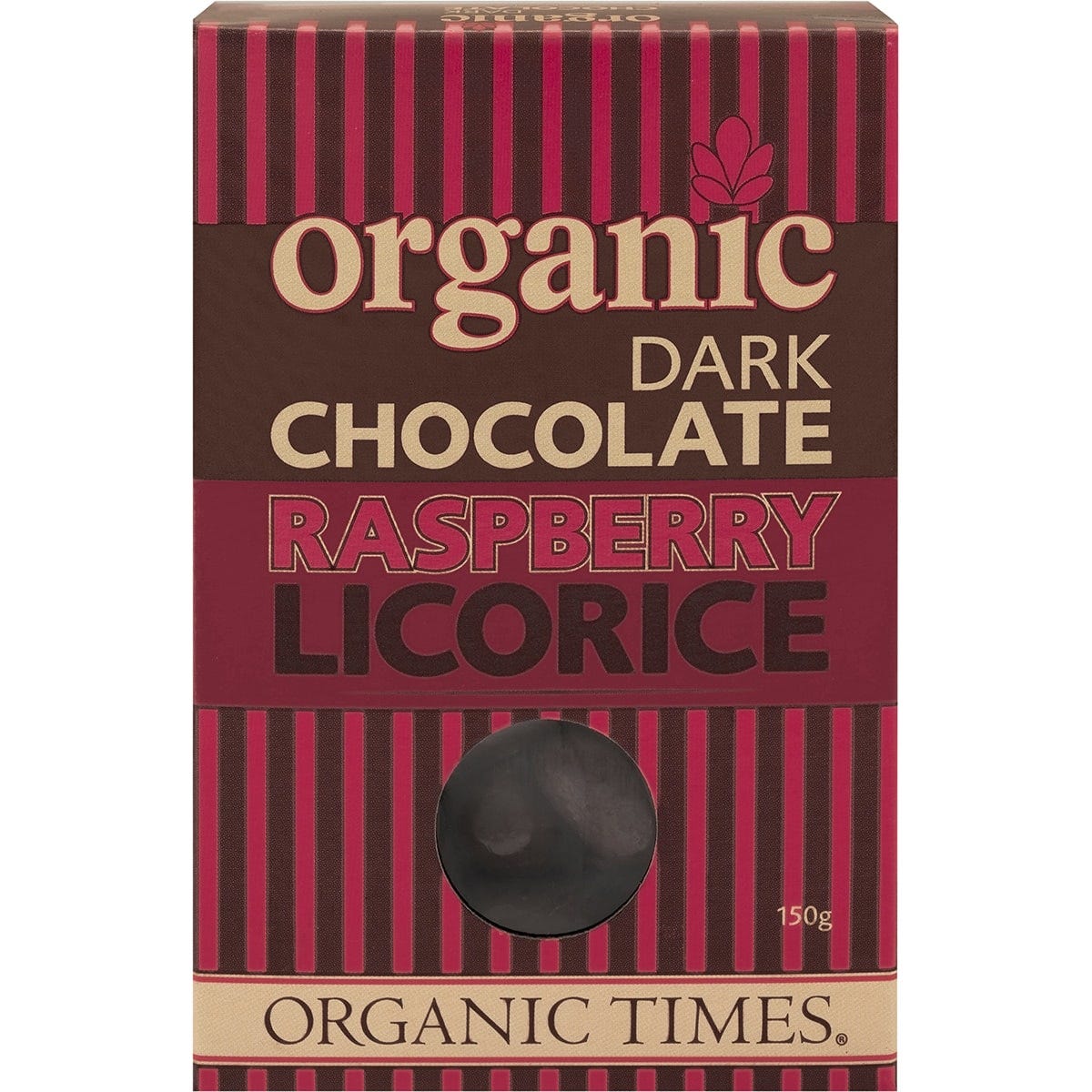 150g bag of Organic Times Dark Chocolate Raspberry Licorice with organic and fair-trade logos on a white background.