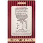 Back of Organic Times Dark Chocolate Raspberry Licorice 150g bag showing nutritional facts and ingredients.