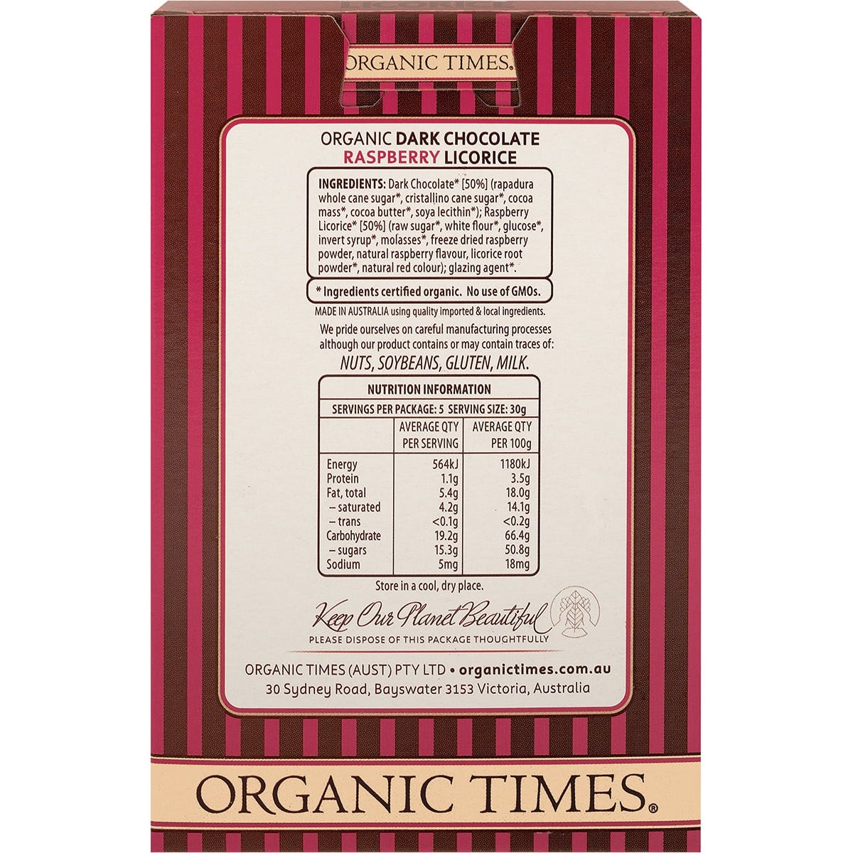 Back of Organic Times Dark Chocolate Raspberry Licorice 150g bag showing nutritional facts and ingredients.