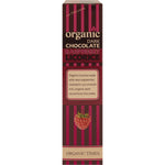 Side view of an Organic Times Dark Chocolate Raspberry Licorice 150g bag showing product features and certification logos.