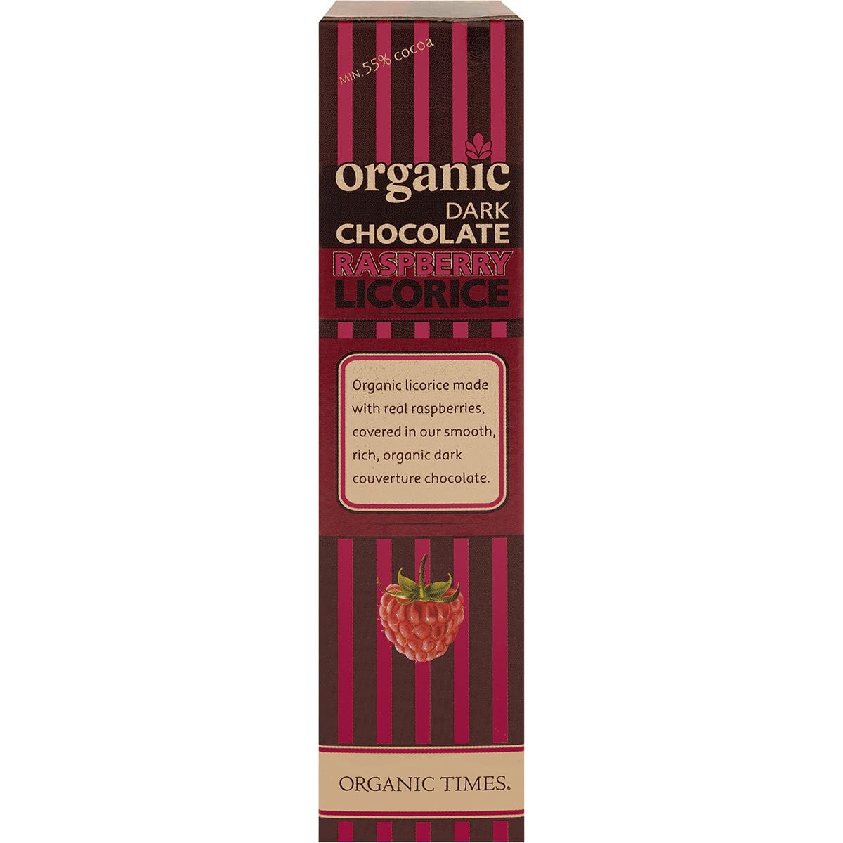 Side view of an Organic Times Dark Chocolate Raspberry Licorice 150g bag showing product features and certification logos.